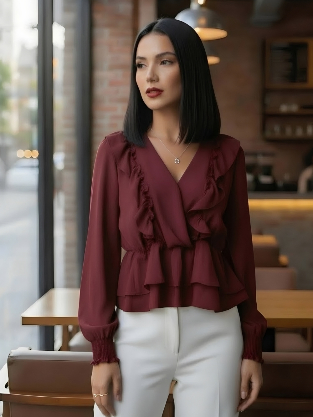 Express Women’s Size M Ruffled V-Neck Blouse - Burgundy